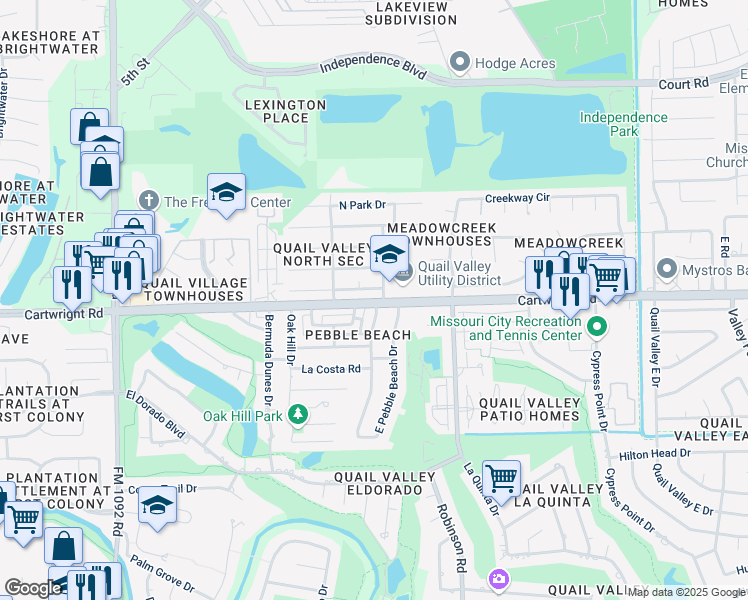 map of restaurants, bars, coffee shops, grocery stores, and more near 3200 Cartwright Road in Missouri City