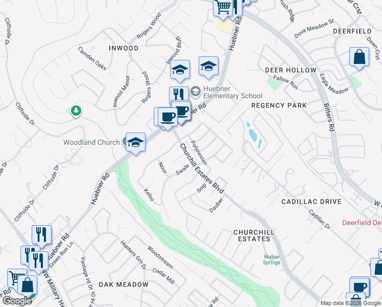 map of restaurants, bars, coffee shops, grocery stores, and more near 15027 Churchill Estates Boulevard in San Antonio