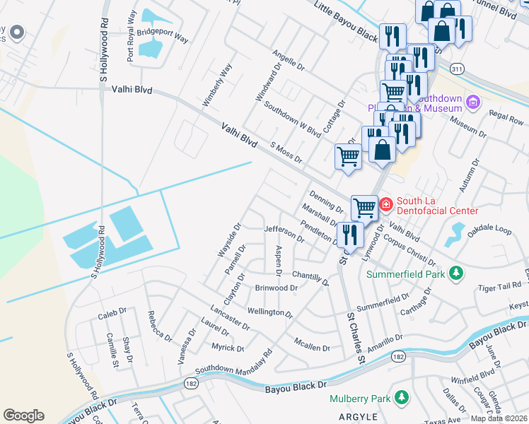 map of restaurants, bars, coffee shops, grocery stores, and more near 107 Coachman Drive in Houma