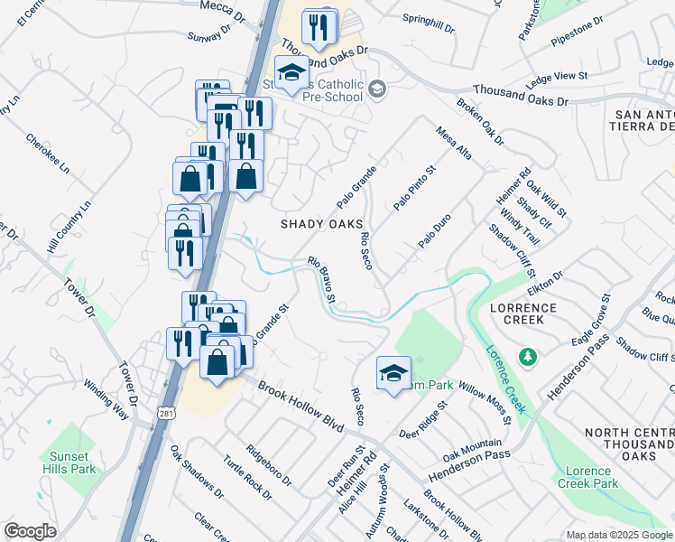 map of restaurants, bars, coffee shops, grocery stores, and more near 110 Rio Bravo Street in San Antonio
