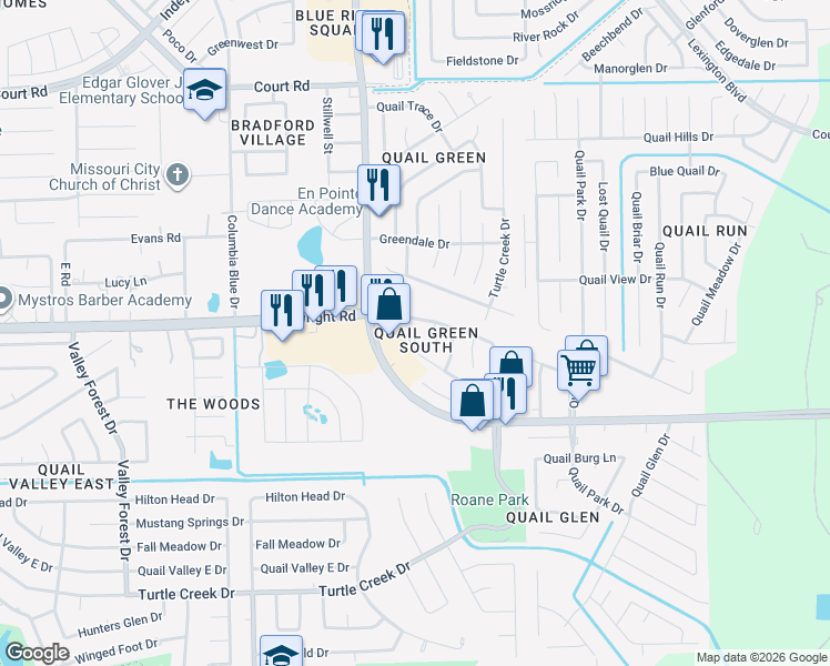 map of restaurants, bars, coffee shops, grocery stores, and more near 1522 W April Rain Ct in Missouri City