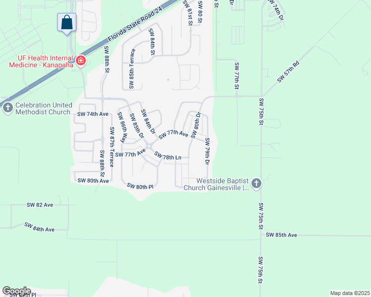 map of restaurants, bars, coffee shops, grocery stores, and more near 7750 Southwest 80th Drive in Gainesville