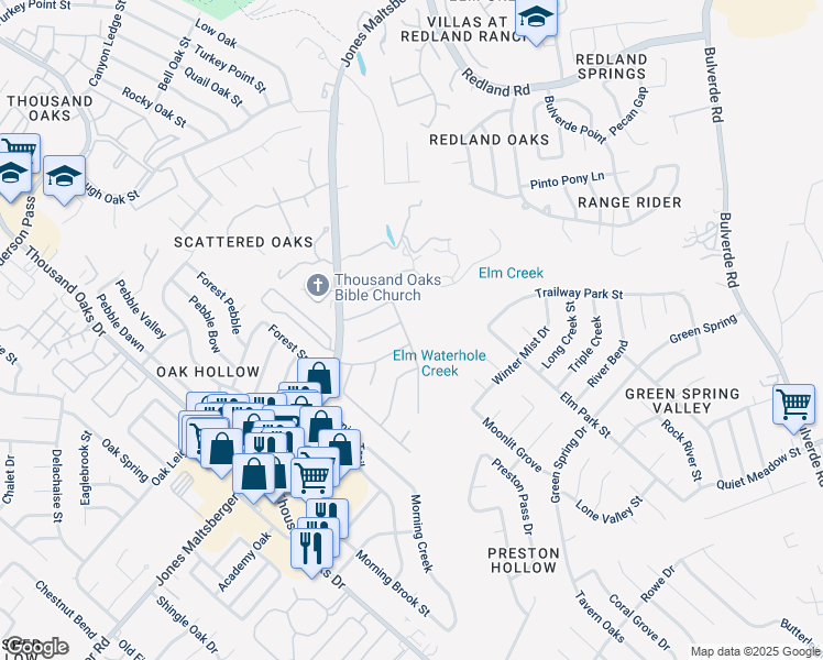 map of restaurants, bars, coffee shops, grocery stores, and more near 15410 Fall Pl Dr in San Antonio