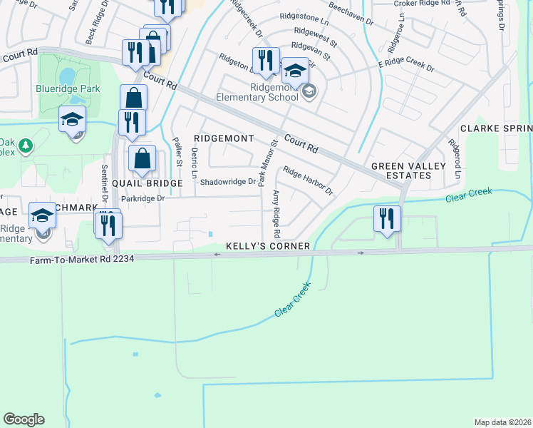 map of restaurants, bars, coffee shops, grocery stores, and more near 16706 Amy Ridge Road in Houston