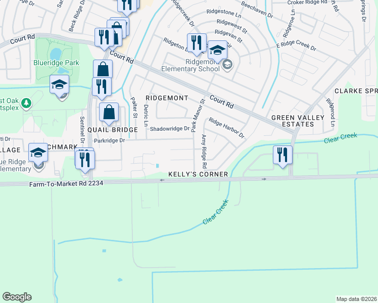 map of restaurants, bars, coffee shops, grocery stores, and more near 5011 Ridgecreek Drive in Houston