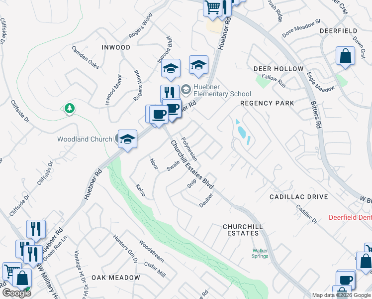 map of restaurants, bars, coffee shops, grocery stores, and more near 15027 Churchill Estates Boulevard in San Antonio