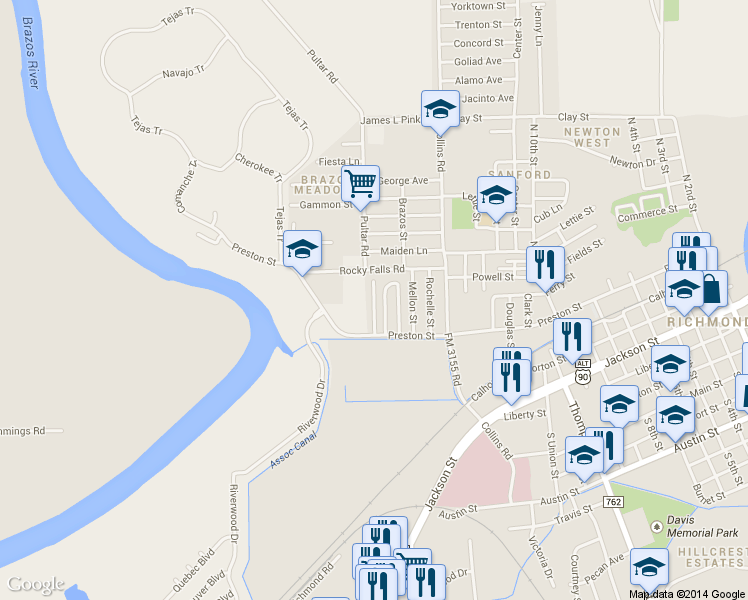 map of restaurants, bars, coffee shops, grocery stores, and more near 324 Rocky Falls Parkway in Richmond