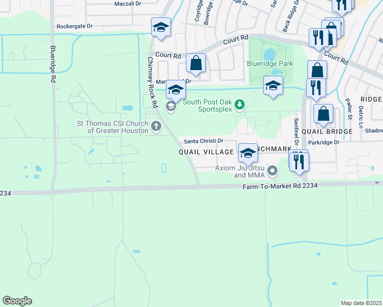 map of restaurants, bars, coffee shops, grocery stores, and more near 6215 Quiet Village Court in Houston