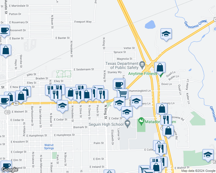 map of restaurants, bars, coffee shops, grocery stores, and more near Renee Way in Seguin