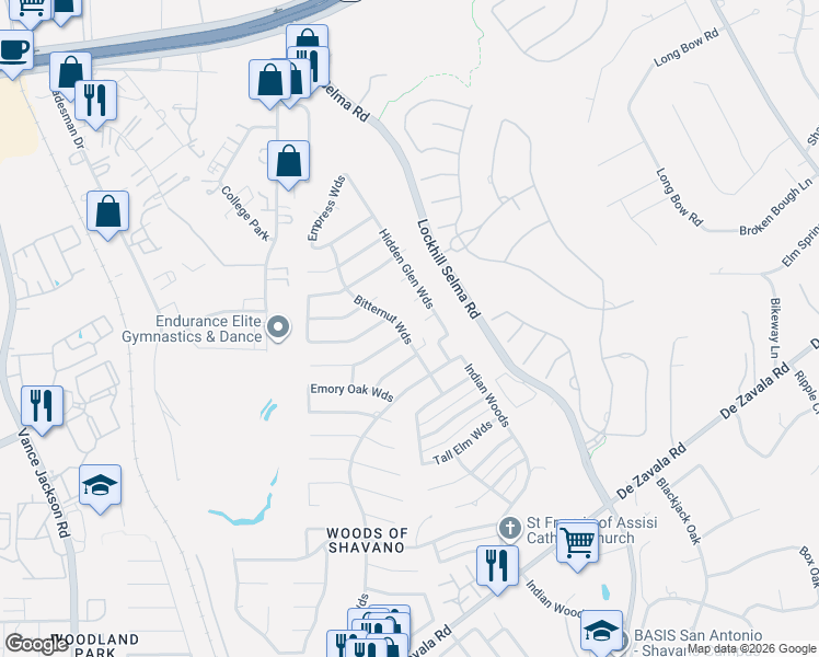 map of restaurants, bars, coffee shops, grocery stores, and more near 14702 Bitternut Woods Street in San Antonio
