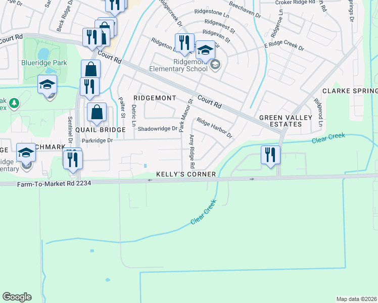 map of restaurants, bars, coffee shops, grocery stores, and more near 16706 Amy Ridge Road in Houston
