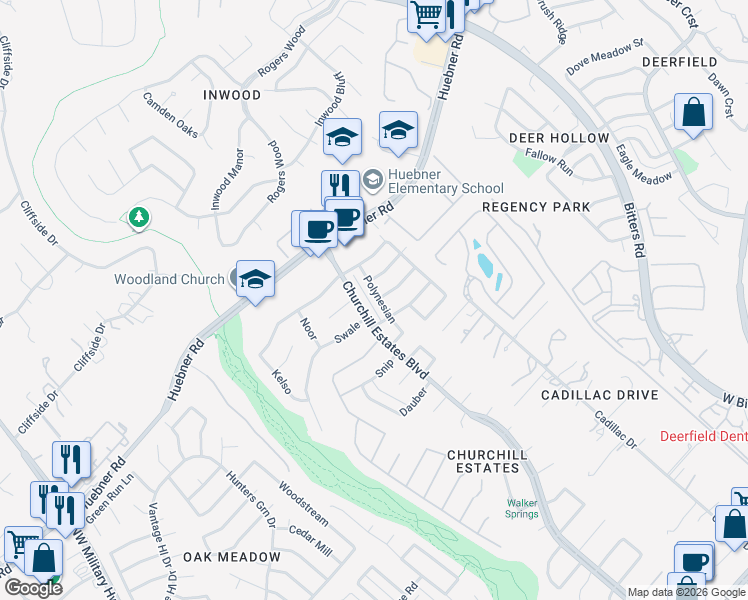map of restaurants, bars, coffee shops, grocery stores, and more near 15027 Churchill Estates Boulevard in San Antonio