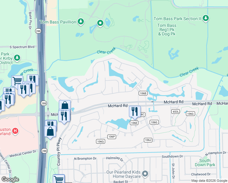 map of restaurants, bars, coffee shops, grocery stores, and more near 423 Starleaf Lane in Pearland