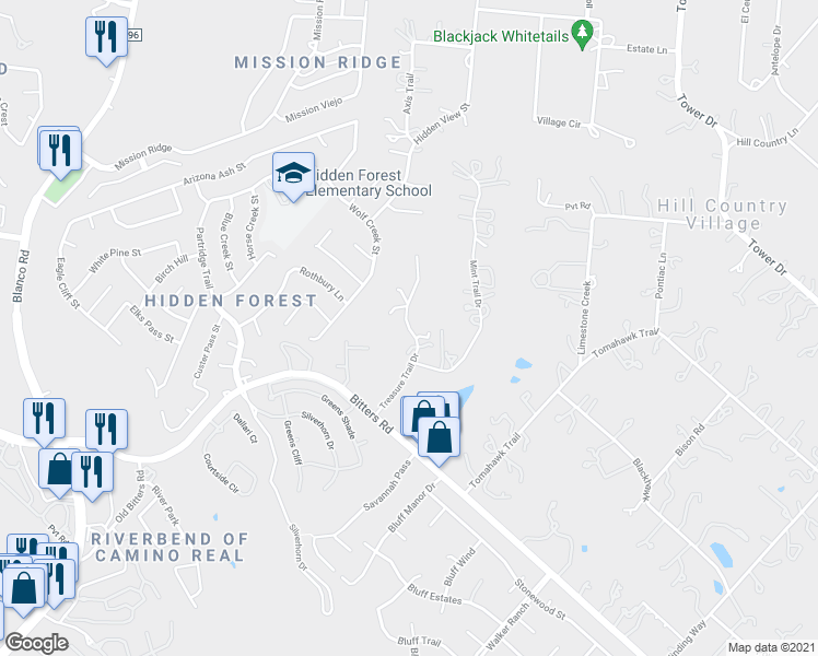 map of restaurants, bars, coffee shops, grocery stores, and more near Treasure Trail Drive in San Antonio
