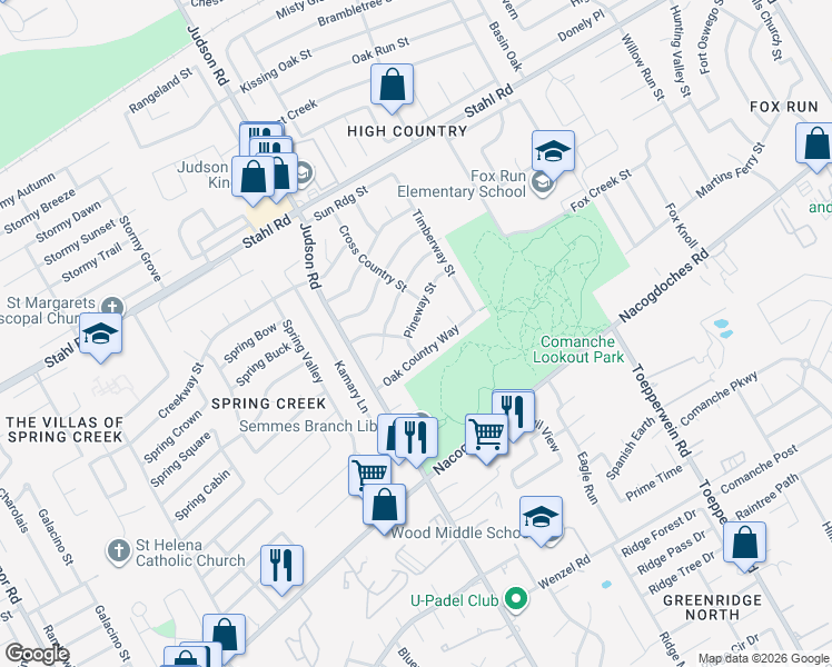 map of restaurants, bars, coffee shops, grocery stores, and more near 5802 Pineway Street in San Antonio