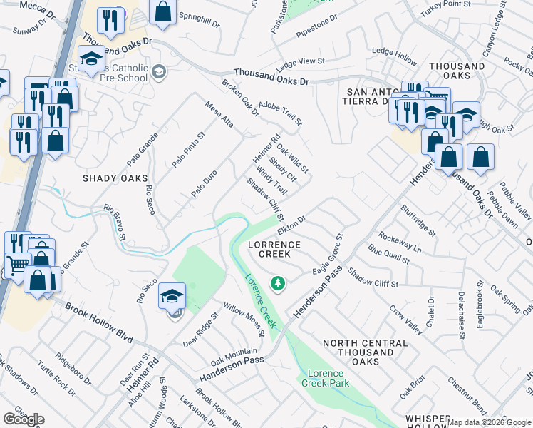map of restaurants, bars, coffee shops, grocery stores, and more near 15514 Creekside in San Antonio