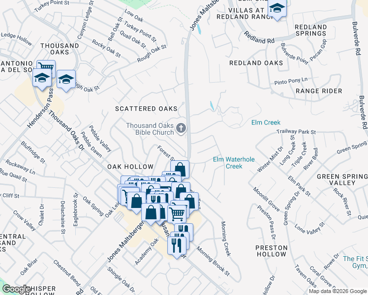 map of restaurants, bars, coffee shops, grocery stores, and more near 2875 Moncayo Drive in San Antonio