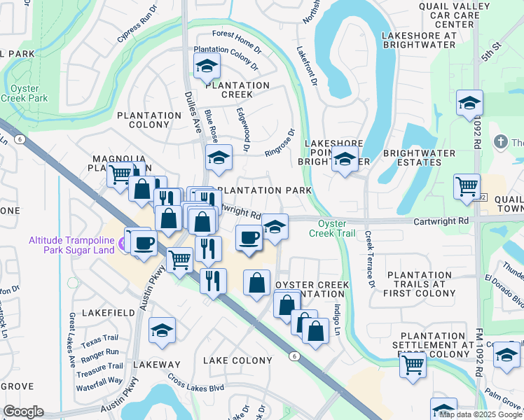 map of restaurants, bars, coffee shops, grocery stores, and more near 2700 Gregway Lane in Missouri City