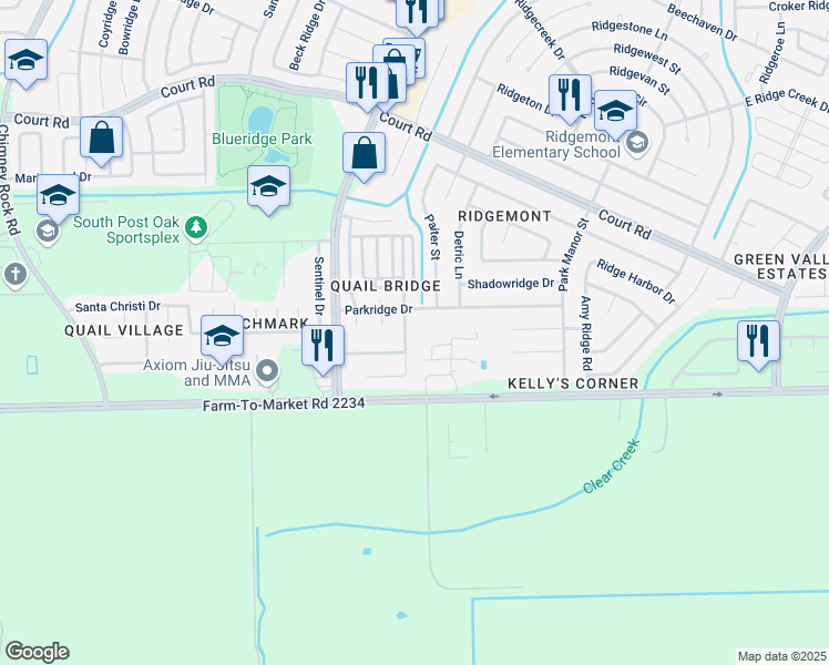 map of restaurants, bars, coffee shops, grocery stores, and more near 16615 Gold Ridge Lane in Houston