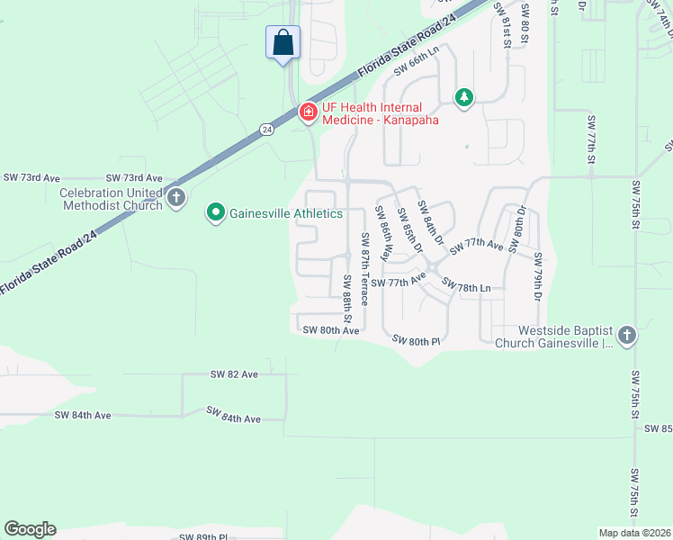 map of restaurants, bars, coffee shops, grocery stores, and more near 7655 Southwest 88th Drive in Gainesville