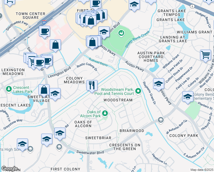 map of restaurants, bars, coffee shops, grocery stores, and more near 3311 Long Hollow Court in Sugar Land