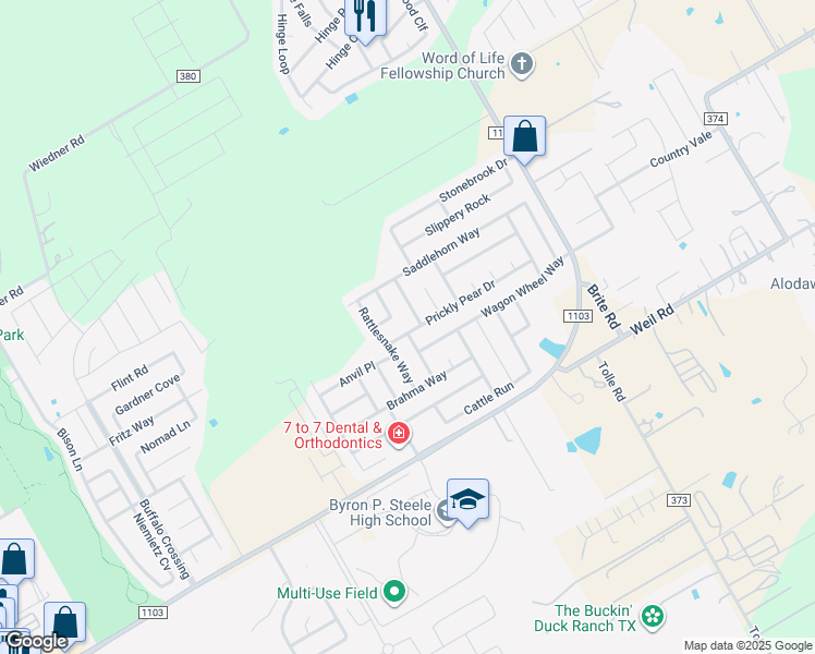 map of restaurants, bars, coffee shops, grocery stores, and more near 320 Prickly Pear Drive in Cibolo