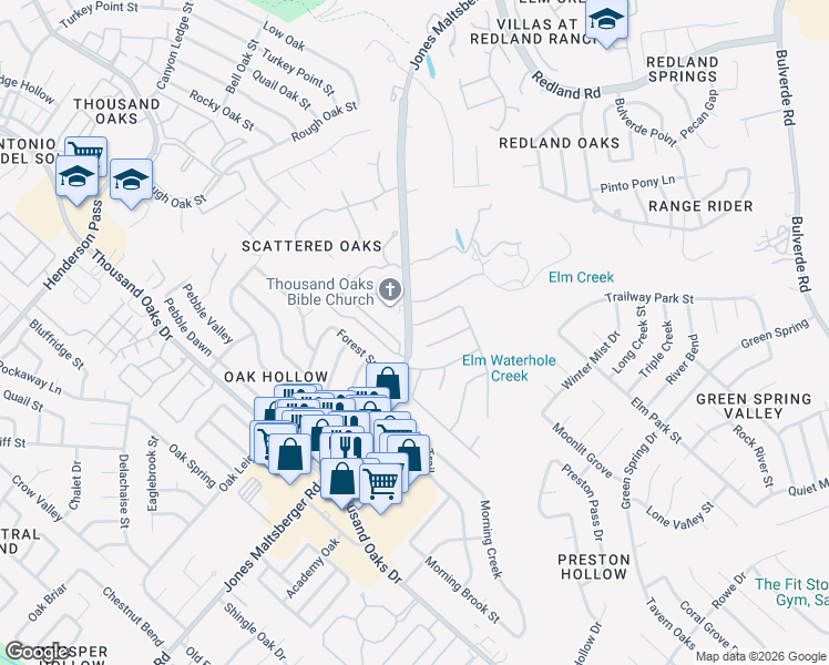 map of restaurants, bars, coffee shops, grocery stores, and more near 2875 Moncayo Drive in San Antonio