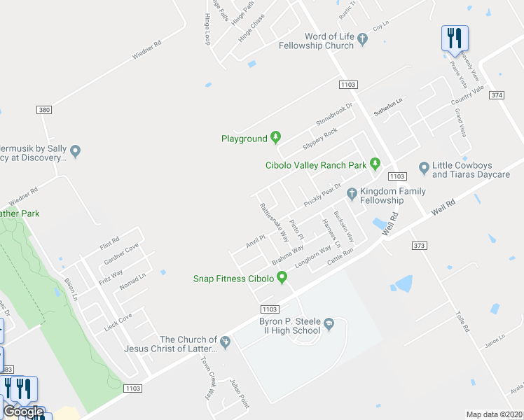 map of restaurants, bars, coffee shops, grocery stores, and more near 225 Rattlesnake Way in Cibolo