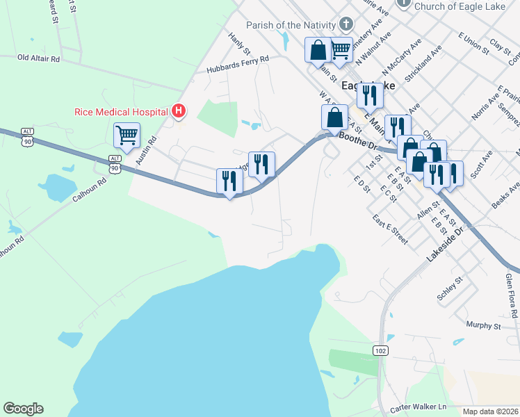 map of restaurants, bars, coffee shops, grocery stores, and more near 708 South McCarty Avenue in Eagle Lake