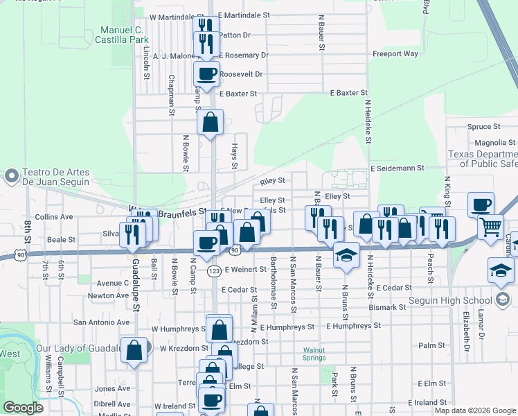 map of restaurants, bars, coffee shops, grocery stores, and more near 404 East New Braunfels Street in Seguin