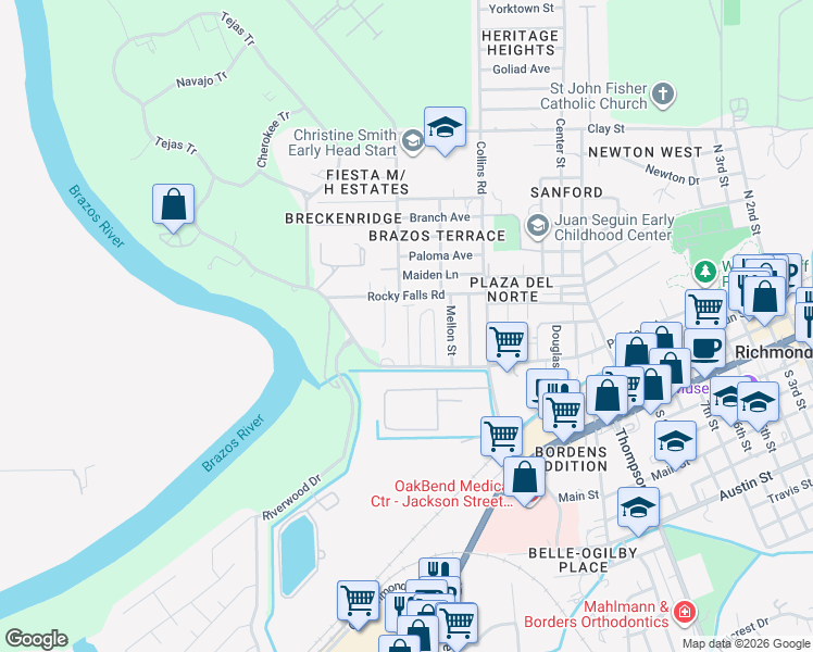 map of restaurants, bars, coffee shops, grocery stores, and more near 324 Rocky Falls Parkway in Richmond