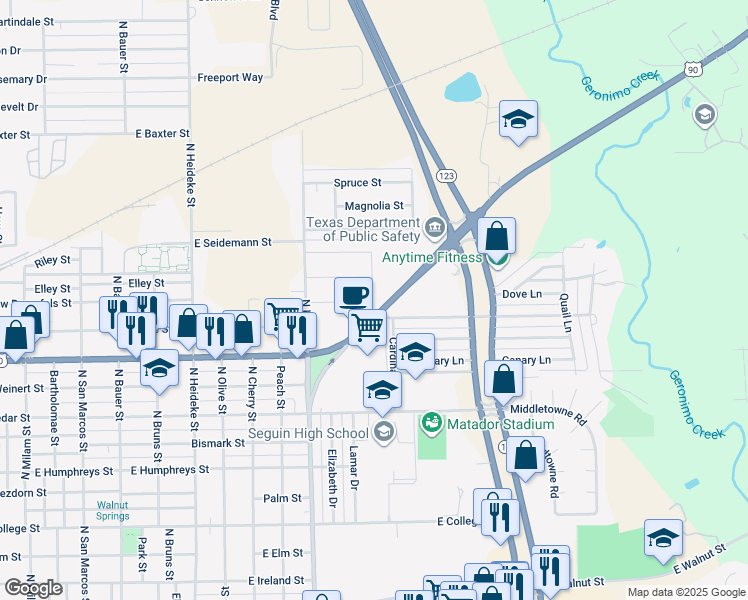 map of restaurants, bars, coffee shops, grocery stores, and more near 1208 East Kingsbury Street in Seguin