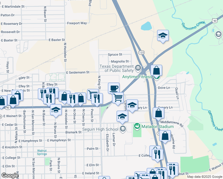 map of restaurants, bars, coffee shops, grocery stores, and more near 1400 Lucille Street in Seguin