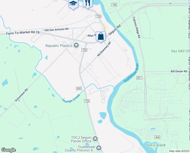 map of restaurants, bars, coffee shops, grocery stores, and more near 210 Ramirez Lane in McQueeney