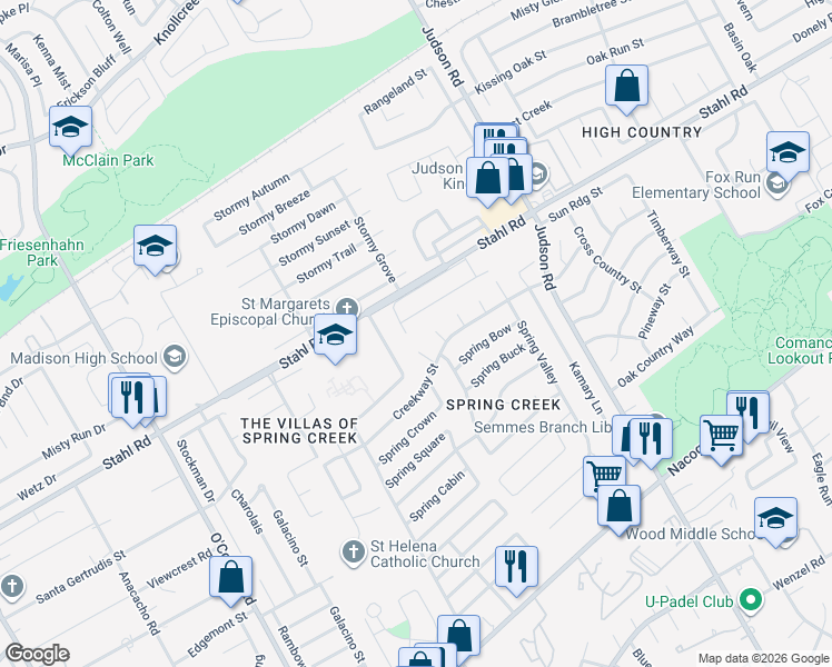 map of restaurants, bars, coffee shops, grocery stores, and more near 5306 Spring Day in San Antonio
