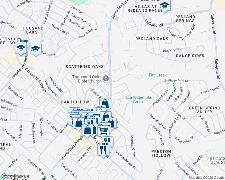 map of restaurants, bars, coffee shops, grocery stores, and more near 2875 Moncayo Drive in San Antonio