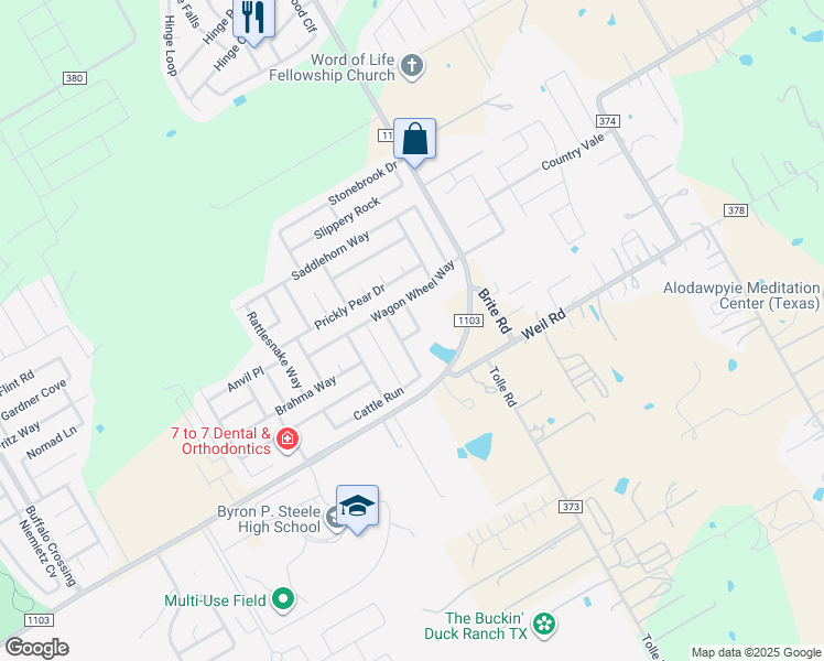 map of restaurants, bars, coffee shops, grocery stores, and more near 205 Campfire Way in Cibolo