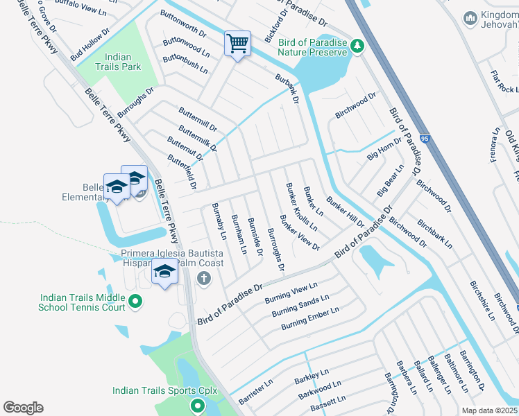 map of restaurants, bars, coffee shops, grocery stores, and more near 94 Burroughs Drive in Palm Coast