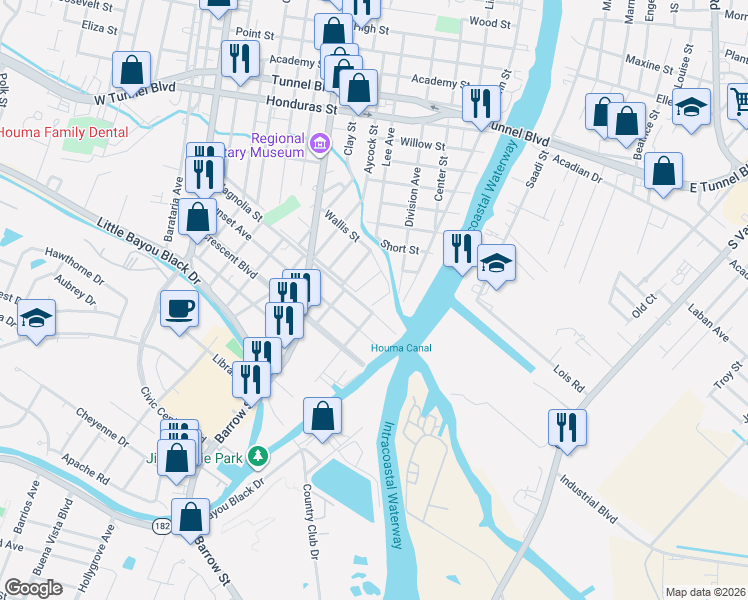 map of restaurants, bars, coffee shops, grocery stores, and more near 1501-1599 Barringer Street in Houma