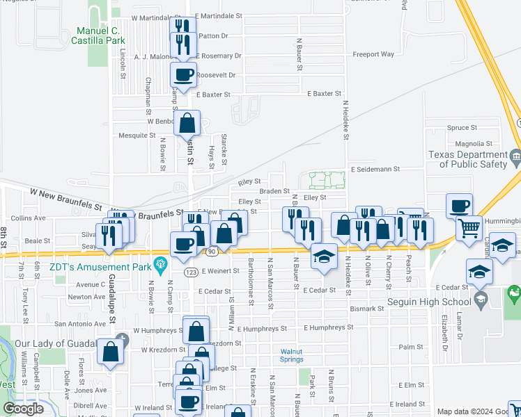 map of restaurants, bars, coffee shops, grocery stores, and more near 528 East New Braunfels Street in Seguin