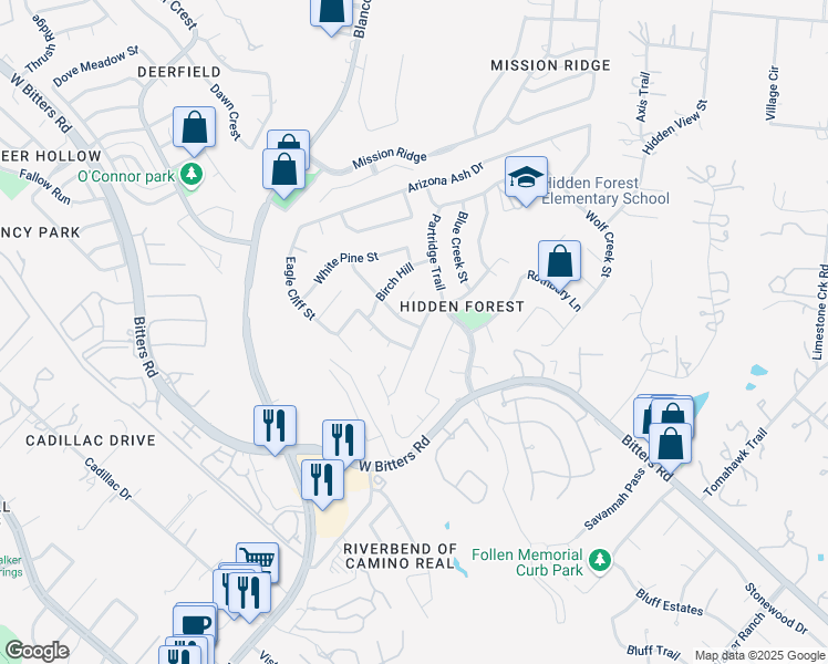 map of restaurants, bars, coffee shops, grocery stores, and more near 15503 Big Trail Dr in San Antonio