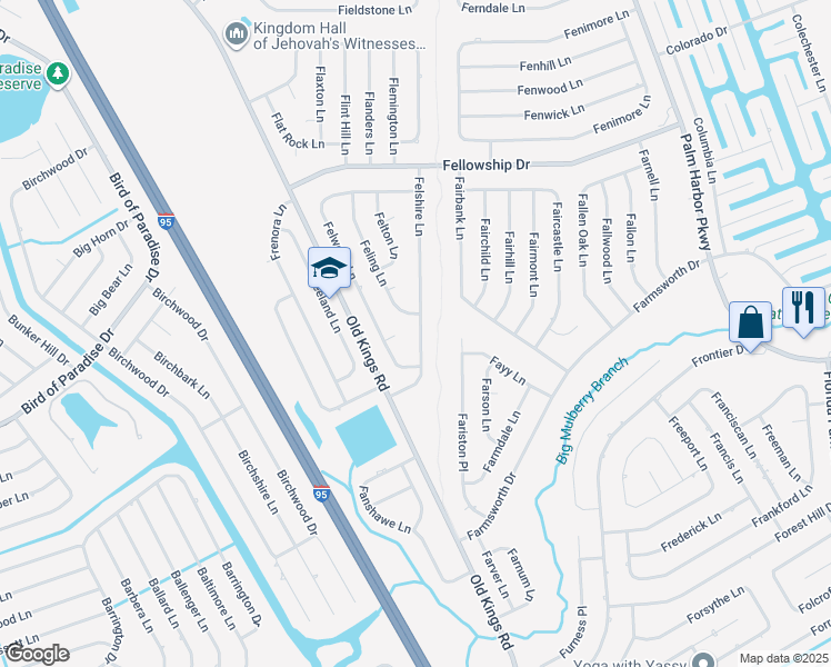 map of restaurants, bars, coffee shops, grocery stores, and more near 25 Felshire Lane in Palm Coast