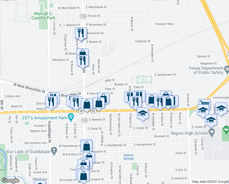 map of restaurants, bars, coffee shops, grocery stores, and more near 528 East New Braunfels Street in Seguin