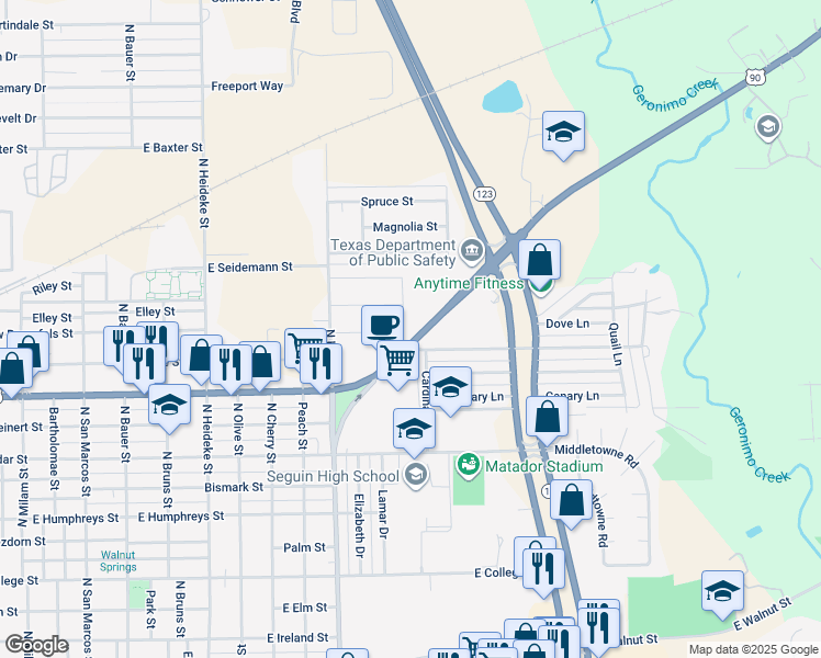 map of restaurants, bars, coffee shops, grocery stores, and more near 1208 East Kingsbury Street in Seguin