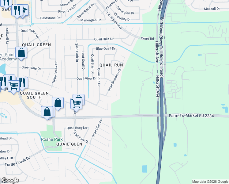map of restaurants, bars, coffee shops, grocery stores, and more near 16722 Lone Quail Court in Missouri City