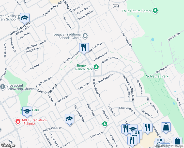 map of restaurants, bars, coffee shops, grocery stores, and more near 118 Del Monte Drive in Cibolo
