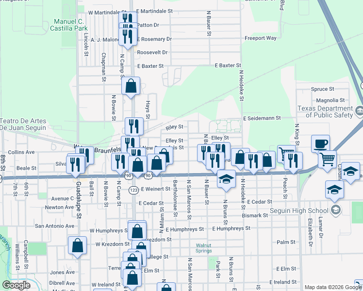 map of restaurants, bars, coffee shops, grocery stores, and more near 528 East New Braunfels Street in Seguin