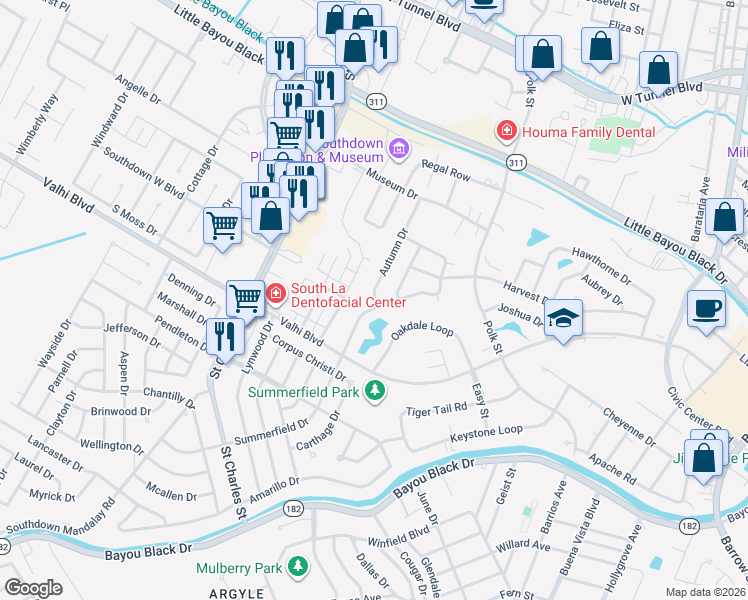 map of restaurants, bars, coffee shops, grocery stores, and more near 141 Autumn Drive in Houma