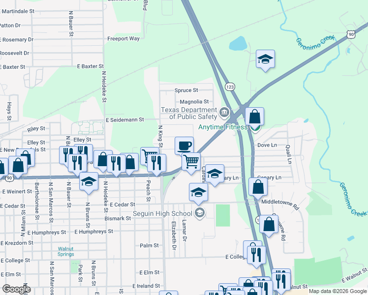 map of restaurants, bars, coffee shops, grocery stores, and more near 1400 Lucille Street in Seguin