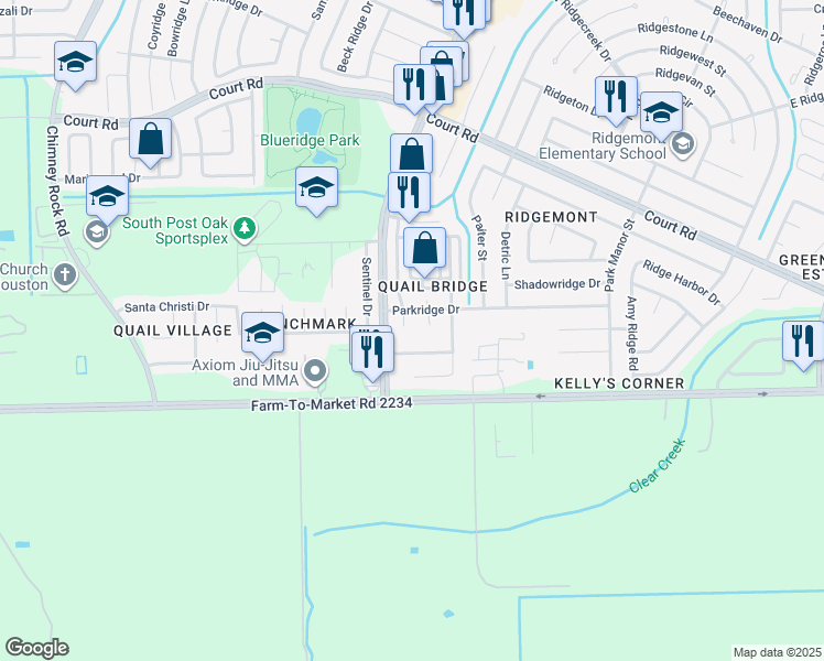 map of restaurants, bars, coffee shops, grocery stores, and more near 16621 Monte Carlo Court in Houston